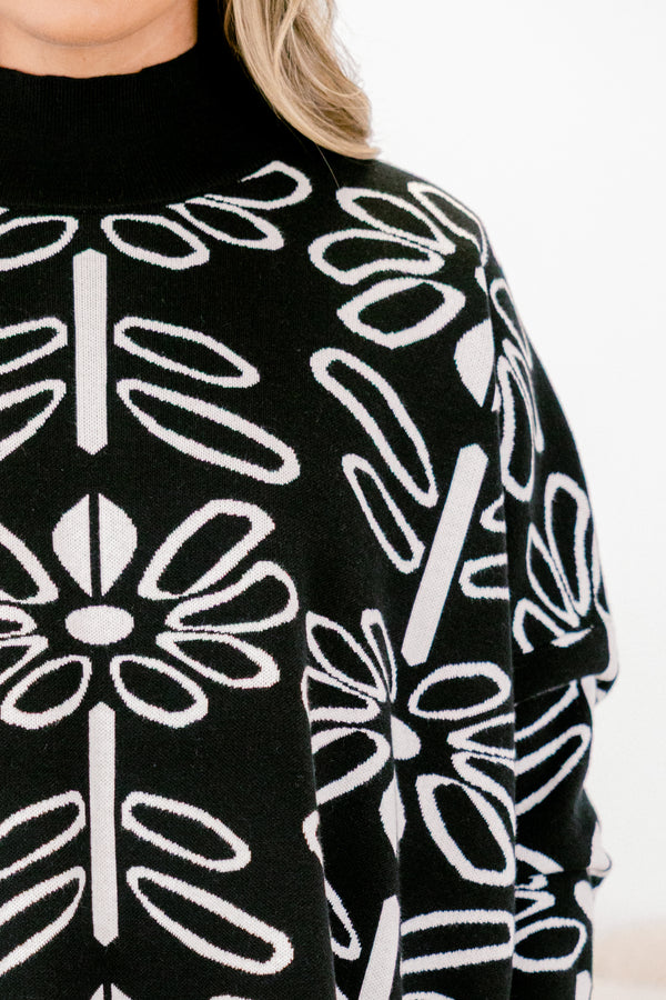 Chic Soul plus size clothing, long sleeve black and white floral tunic sweater with mock neck