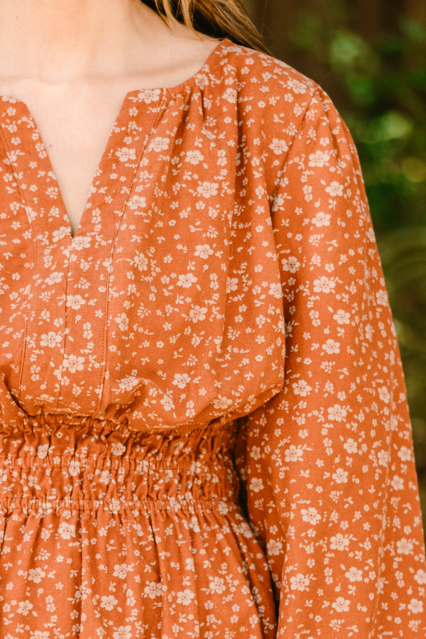 Chic Soul plus size clothing, rust orange long sleeve short tiered dress with small white floral pattern  