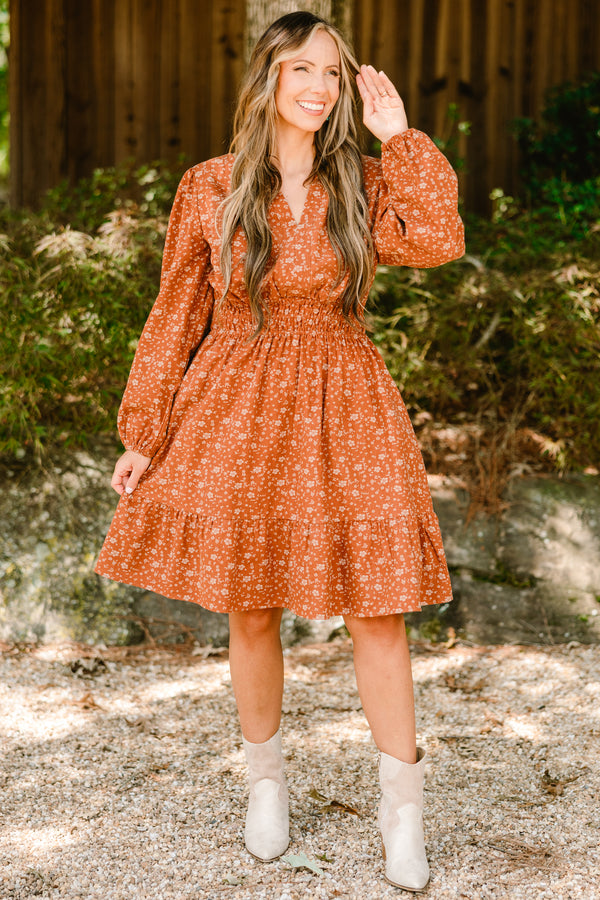 Chic Soul plus size clothing, rust orange long sleeve short tiered dress with small white floral pattern  