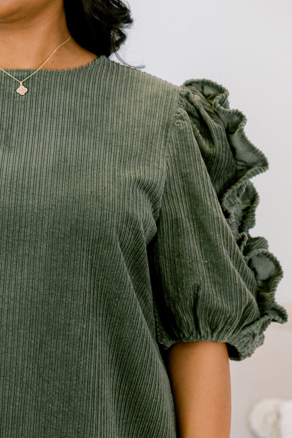 Chic Soul plus size clothing, green dress, short sleeve with ruffles