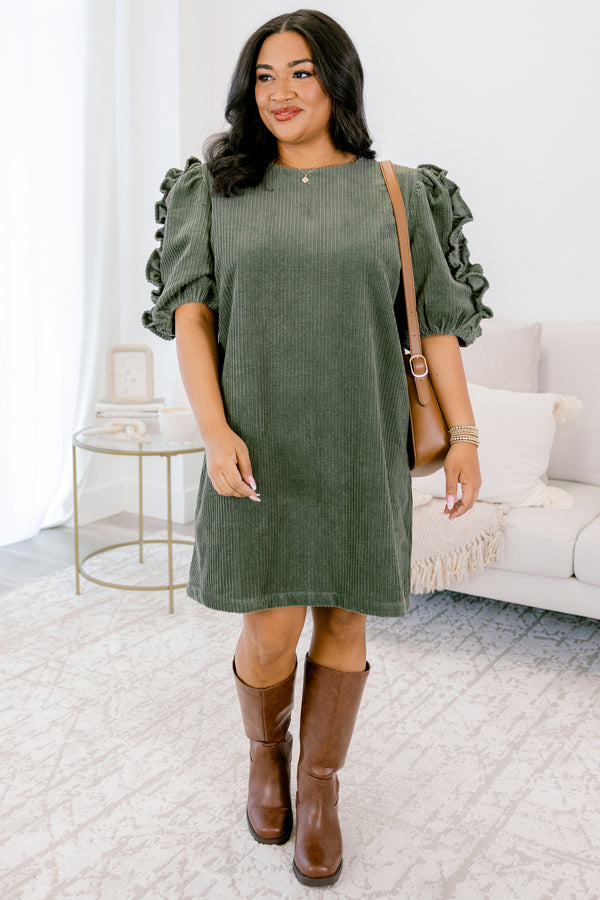 Chic Soul plus size clothing, green dress, short sleeve with ruffles