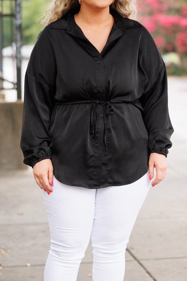 Chic Soul plus size clothing, black button down blouse with a tie at waist and bubble sleeves