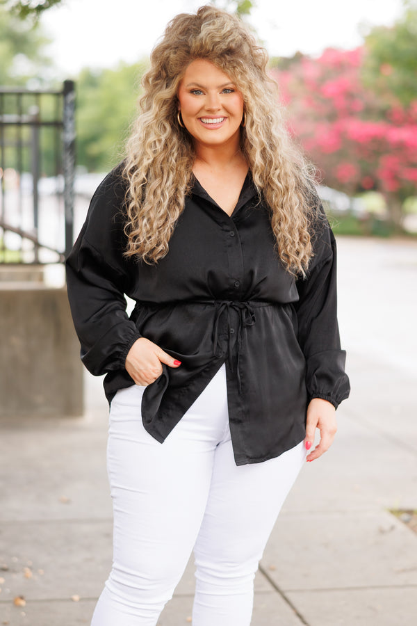 Chic Soul plus size clothing, black button down blouse with a tie at waist and bubble sleeves