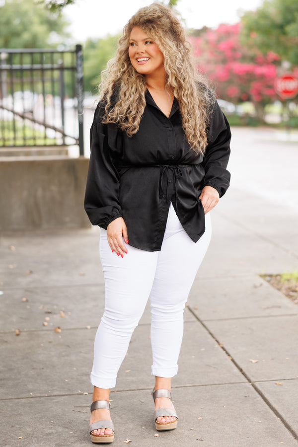 Chic Soul plus size clothing, black button down blouse with a tie at waist and bubble sleeves