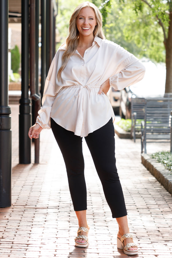Chic Soul plus size clothing, cream button down collared blouse with bubble sleeves and a tie at waist