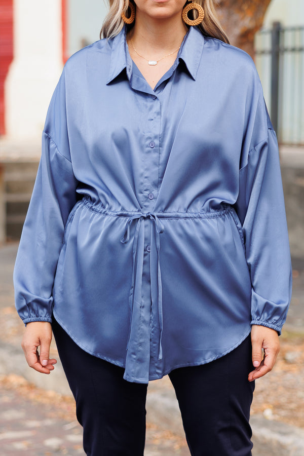Chic Soul plus size clothing, silky blue button-down blouse