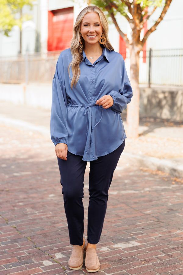 Chic Soul plus size clothing, silky blue button-down blouse