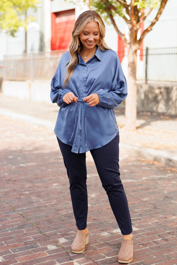 Chic Soul plus size clothing, silky blue button-down blouse