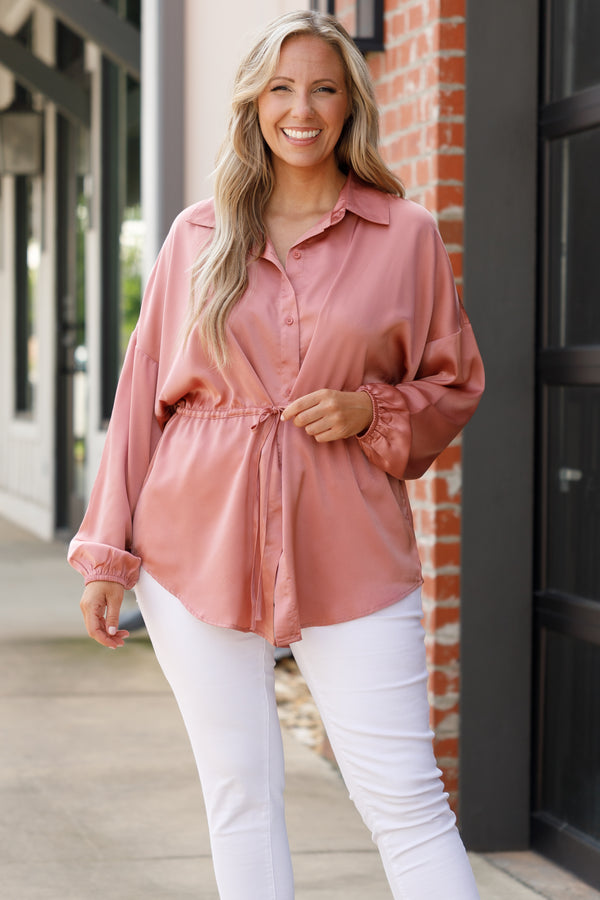 Chic Soul plus size clothing, mauve button down collared blouse with a cinched waistline and bubble sleeves
