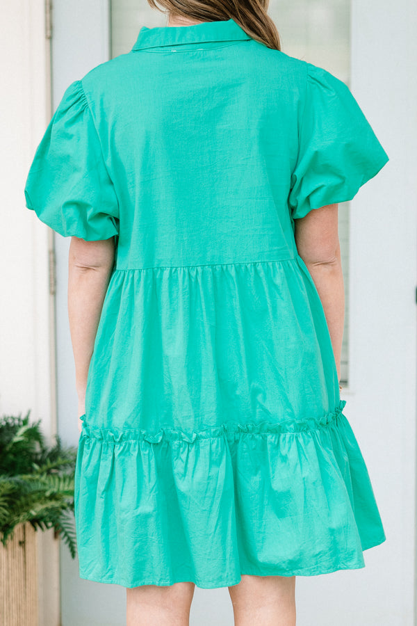 Chic Soul Plus size clothing, Green button-up Babydoll dress with short bubble sleeves 