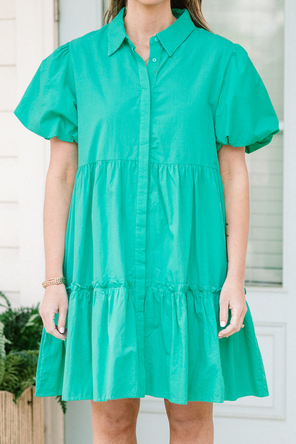 Chic Soul Plus size clothing, Green button-up Babydoll dress with short bubble sleeves 