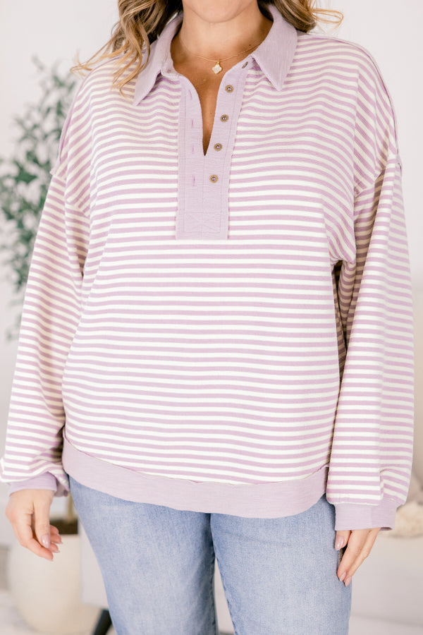 Chic Soul plus size clothing, lavender striped pullover with a button up v-neckline and a collar as well as lavender cuffs at the end of the sleeves and along the bottom of the pullover 