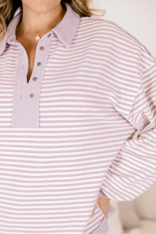Chic Soul plus size clothing, lavender striped pullover with a button up v-neckline and a collar as well as lavender cuffs at the end of the sleeves and along the bottom of the pullover 
