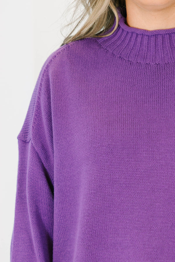 Plus Size eggplant purple rollneck sweater with long sleeves and a relaxed fit.