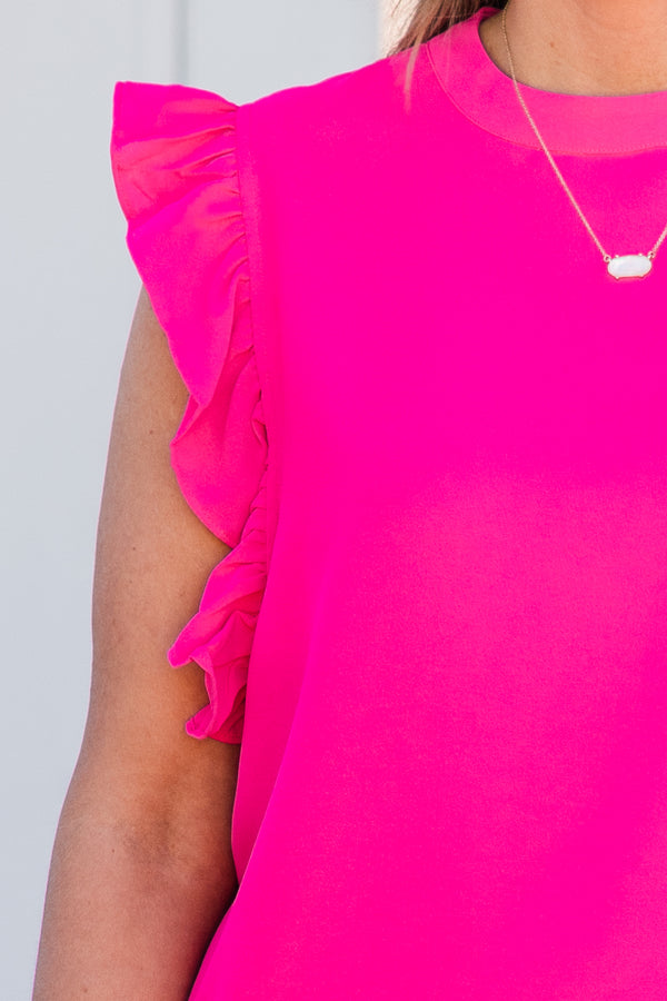 Chic Soul plus size clothing, sleeveless hot pink halter neck dress with ruffled detailing