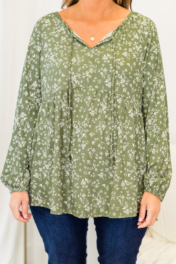 Chic Soul plus size clothing, olive floral long bubble sleeve babydoll tunic top