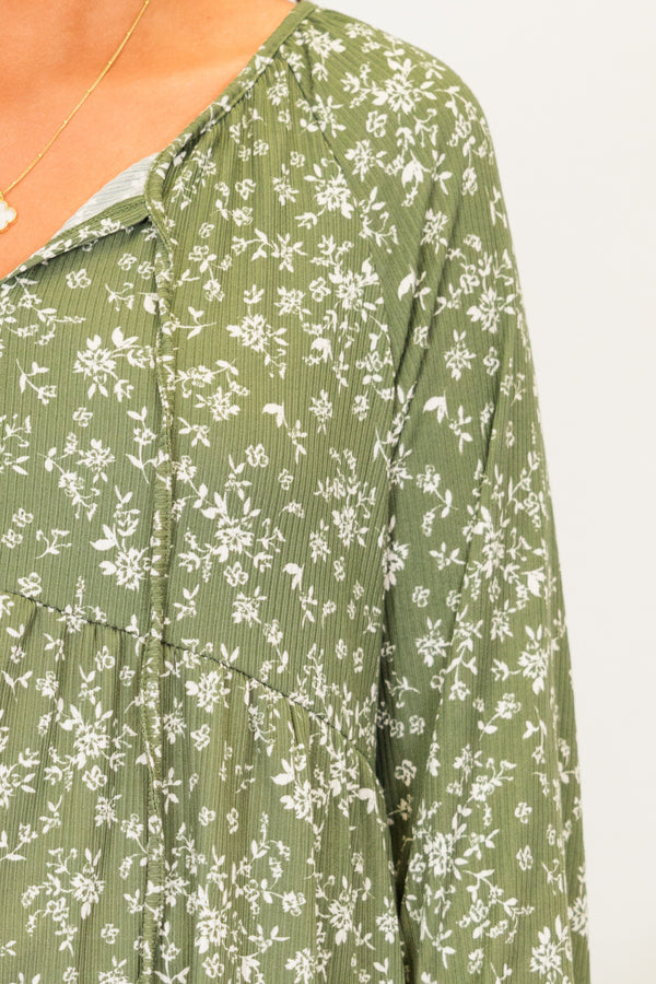 Chic Soul plus size clothing, olive floral long bubble sleeve babydoll tunic top