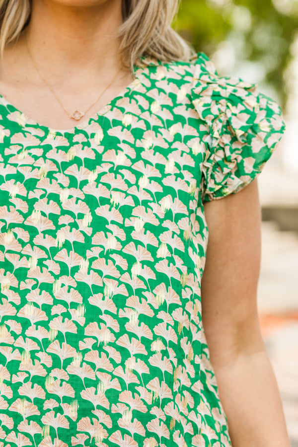 Chic Soul plus size clothing, kelly green short sleeve blouse with abstract print and round neckline with ruffle detail along short sleeves