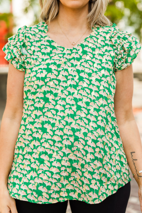 Chic Soul plus size clothing, kelly green short sleeve blouse with abstract print and round neckline with ruffle detail along short sleeves