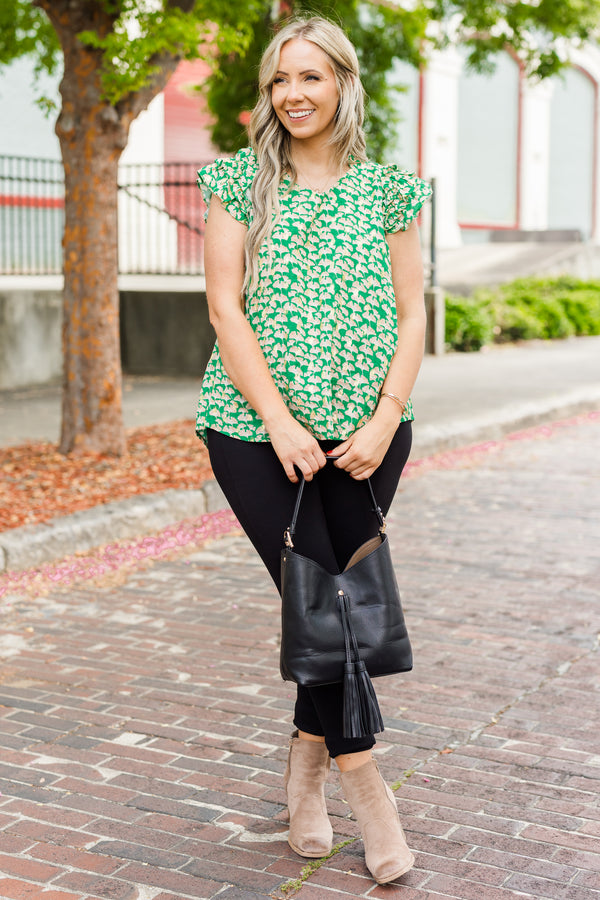 Chic Soul plus size clothing, kelly green short sleeve blouse with abstract print and round neckline with ruffle detail along short sleeves