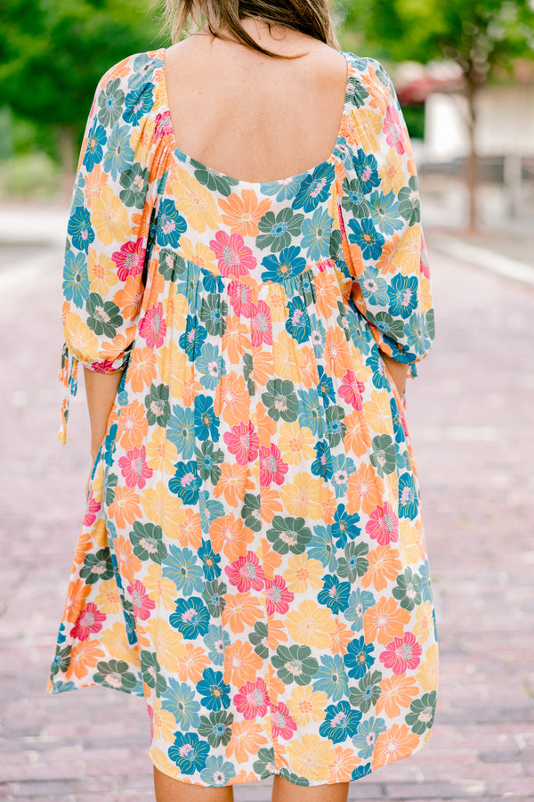 Chic Soul plus size clothing, pink yellow and blue floral pattern on white drawstring cuff half-sleeve square neckline flowy above the knee dress