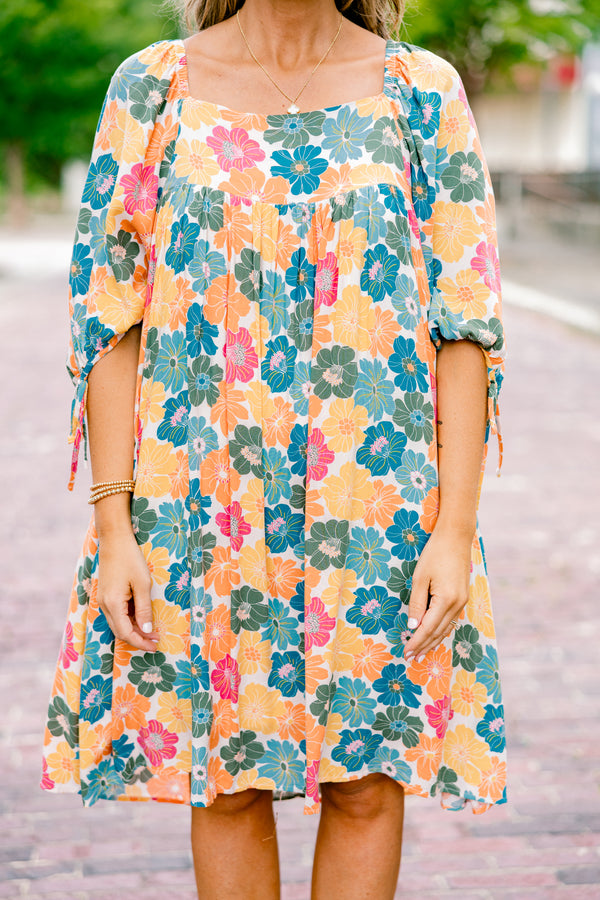 Chic Soul plus size clothing, pink yellow and blue floral pattern on white drawstring cuff half-sleeve square neckline flowy above the knee dress