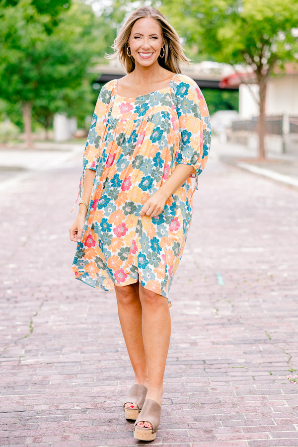 Chic Soul plus size clothing, pink yellow and blue floral pattern on white drawstring cuff half-sleeve square neckline flowy above the knee dress