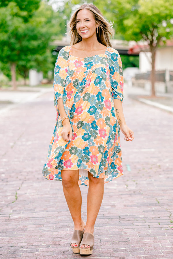 Chic Soul plus size clothing, pink yellow and blue floral pattern on white drawstring cuff half-sleeve square neckline flowy above the knee dress