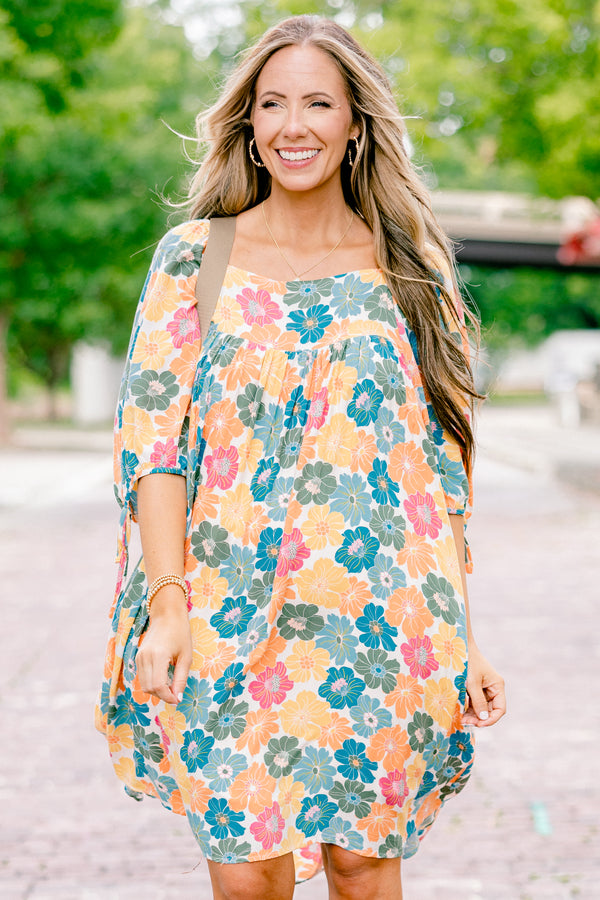 Chic Soul plus size clothing, pink yellow and blue floral pattern on white drawstring cuff half-sleeve square neckline flowy above the knee dress