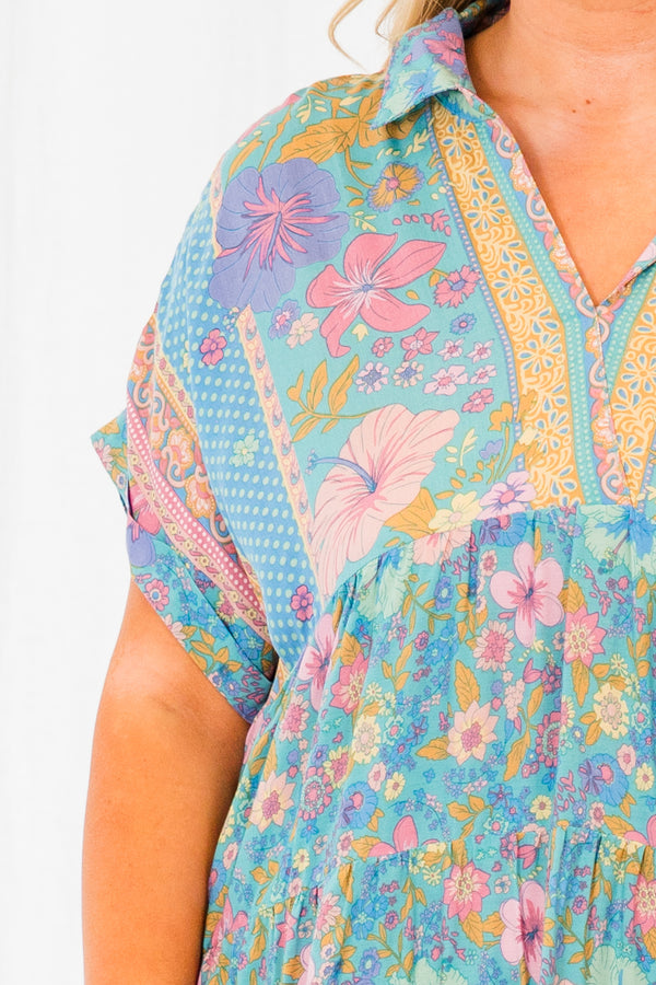 Chic Soul plus size clothing, short sleeve mint blue baby doll dress with pink floral pattern and v-neckline