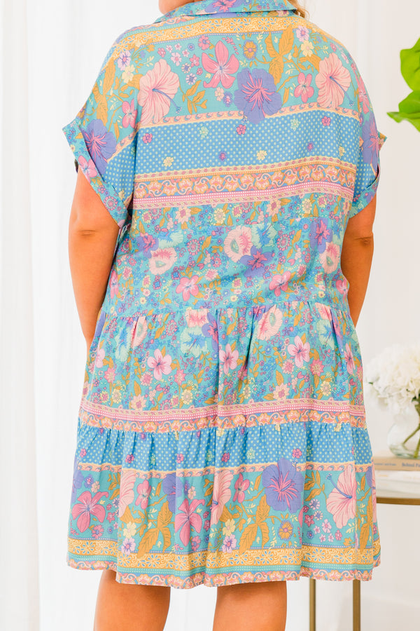 Chic Soul plus size clothing, short sleeve mint blue baby doll dress with pink floral pattern and v-neckline