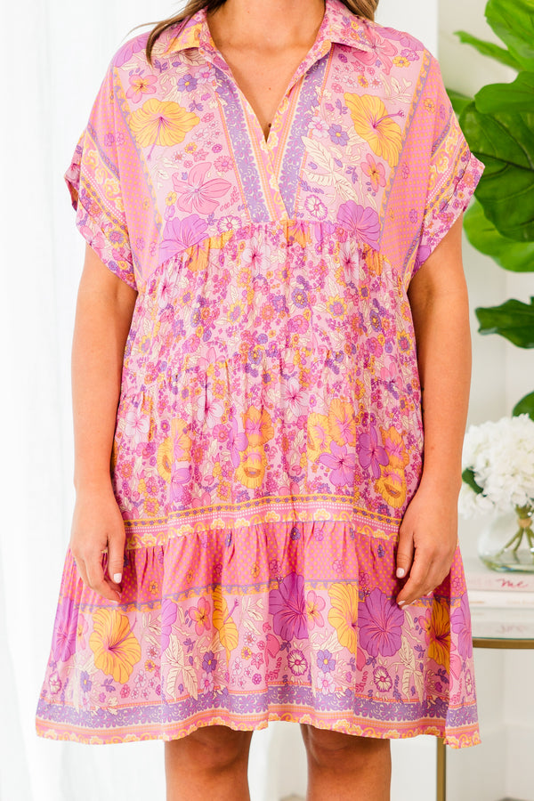 Chic Soul plus size clothing, pink mauve multi boho floral mini dress with v neckline and collar with cuff short sleeves