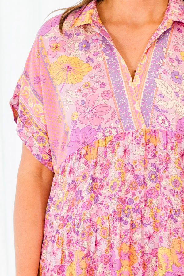 Chic Soul plus size clothing, pink mauve multi boho floral mini dress with v neckline and collar with cuff short sleeves