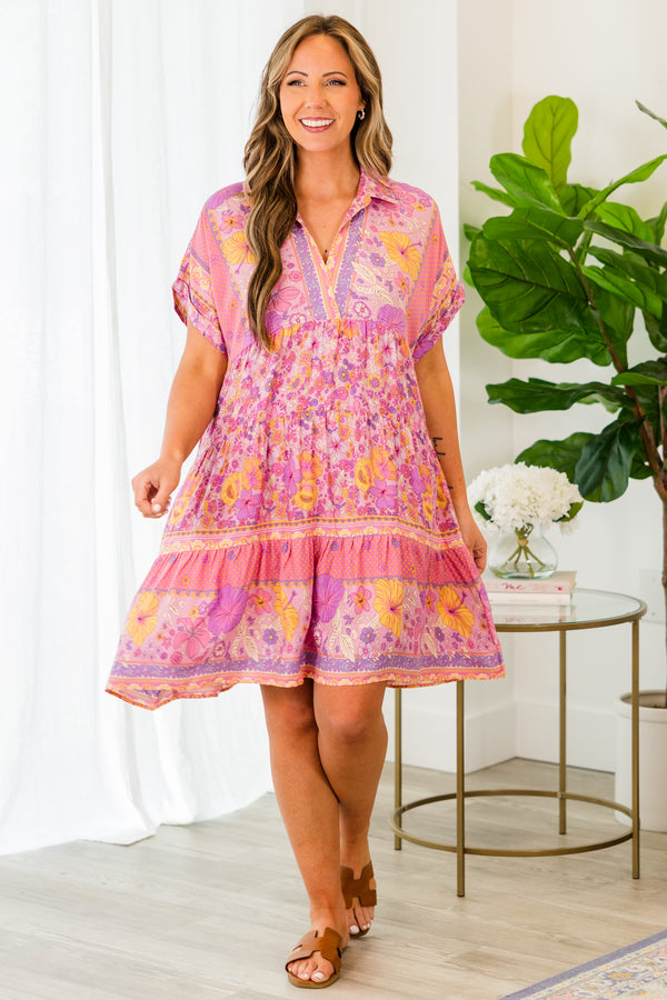 Chic Soul plus size clothing, pink mauve multi boho floral mini dress with v neckline and collar with cuff short sleeves