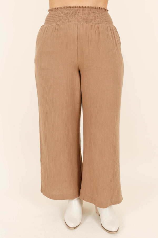 Chic Soul plus size clothing, tan colored flowy paperbag style pants