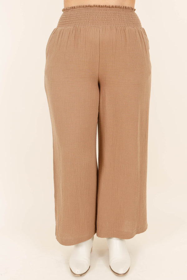 Chic Soul plus size clothing, tan colored flowy paperbag style pants