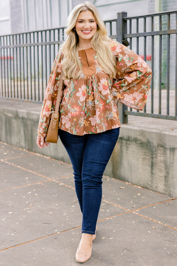 Chic Soul plus size clothing, brown and multi color floral long bell sleeve top 