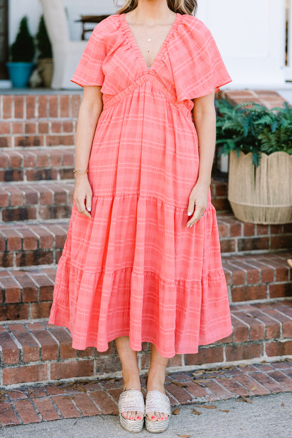 Chic Soul plus size clothing, pink short sleeve maxi dress with tiered detail with faint plaid pattern with deep v neckline