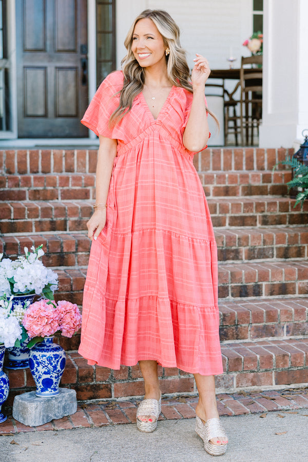 Chic Soul plus size clothing, pink short sleeve maxi dress with tiered detail with faint plaid pattern with deep v neckline