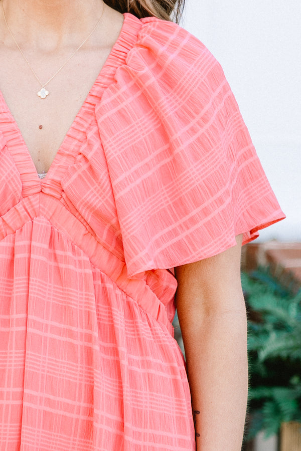 Chic Soul plus size clothing, pink short sleeve maxi dress with tiered detail with faint plaid pattern with deep v neckline