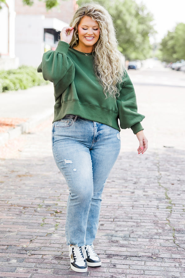 Chic Soul plus size clothing, hunter green cropped long sleeve pullover