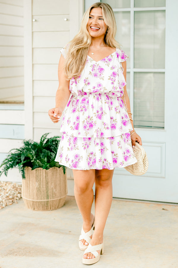 Chic Soul plus size clothing, white tiered dress with a lavender floral design and ruffle details on the sleeves 