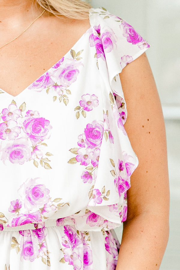 Chic Soul plus size clothing, white tiered dress with a lavender floral design and ruffle details on the sleeves 