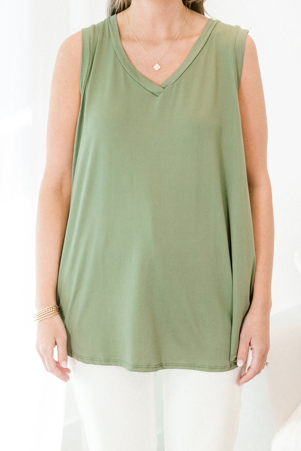 Chic Soul plus size clothing, olive plain sleeveless tank top with v neckline 
