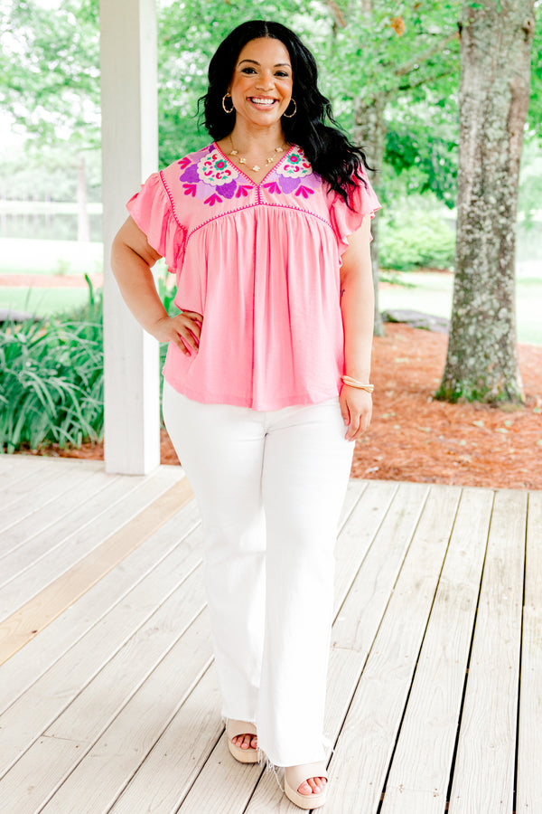 Chic Soul plus size clothing, light pink short-flutter sleeve shallow v-neck top with hot pink embroidered trim along neckline and shoulders plus purple and white embroidered pattern on shoulders
