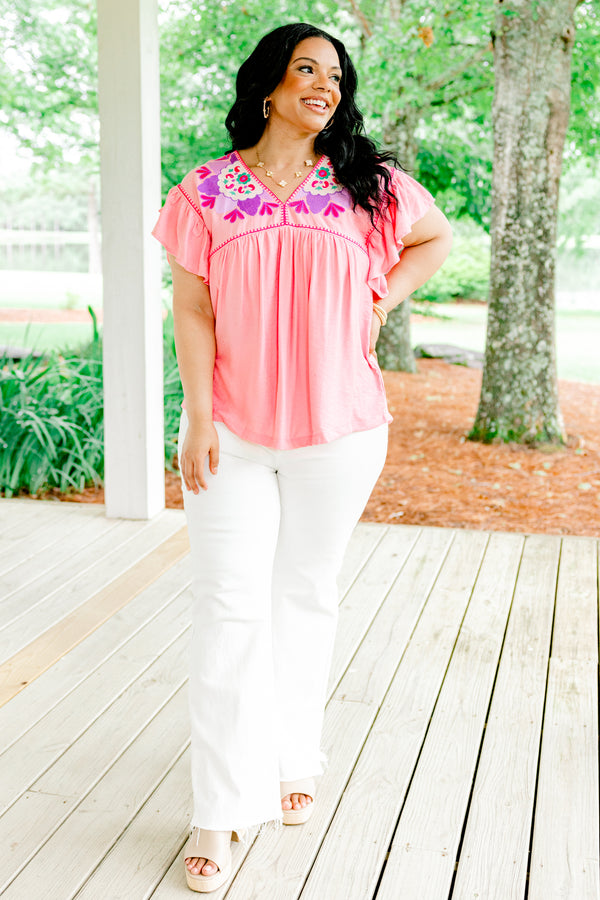 Chic Soul plus size clothing, light pink short-flutter sleeve shallow v-neck top with hot pink embroidered trim along neckline and shoulders plus purple and white embroidered pattern on shoulders