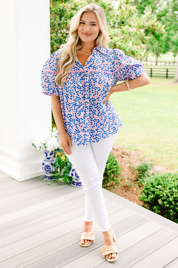 Chic Soul plus size clothing, blue and pink floral and berry patterned short sleeve collared blouse