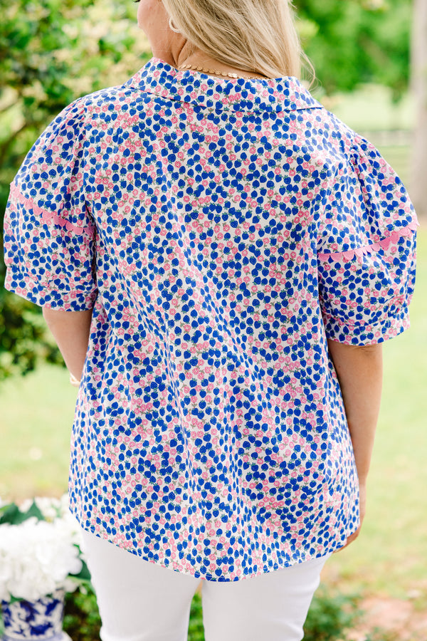 Chic Soul plus size clothing, blue and pink floral and berry patterned short sleeve collared blouse