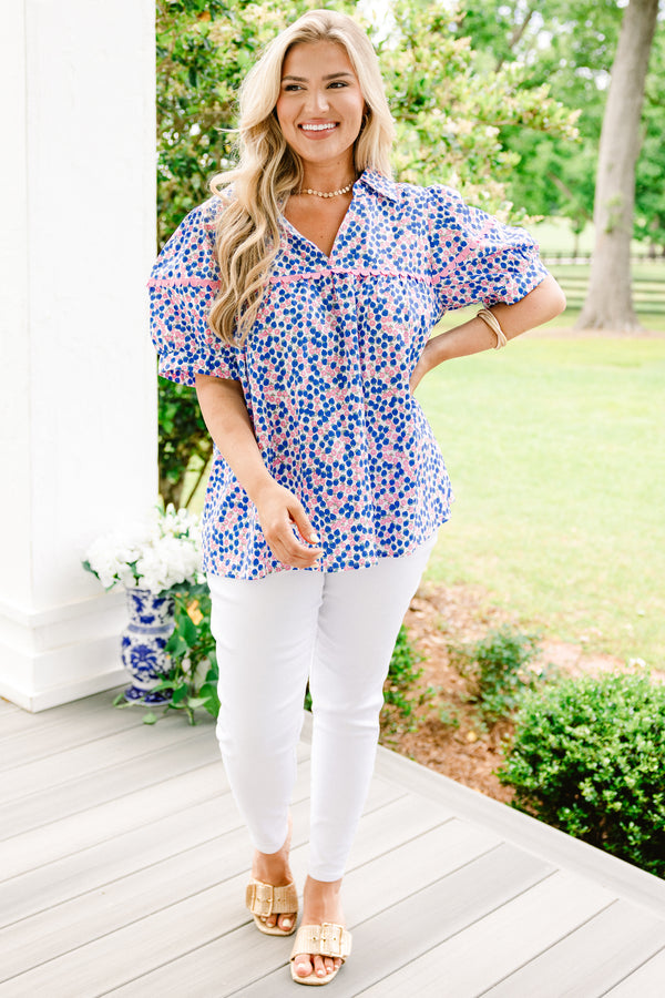 Chic Soul plus size clothing, blue and pink floral and berry patterned short sleeve collared blouse