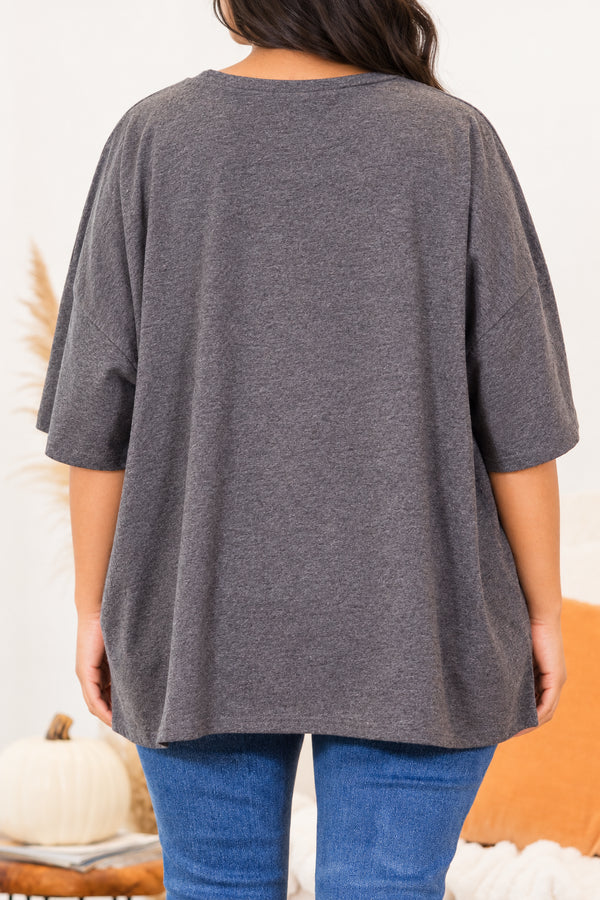 Chic Soul plus size clothing, charcoal gray short sleeve boyfriend tee with 